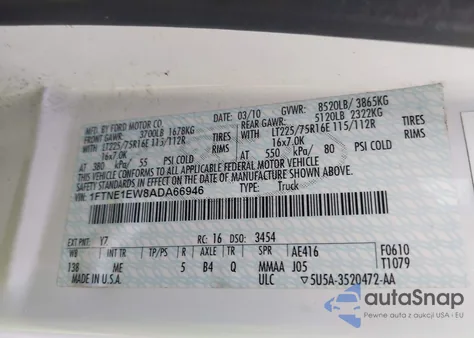 2010 Ford E-150 Commercial/Recreational z USA, uszkodzony, nr VIN 1FTNE1EW8ADA66946